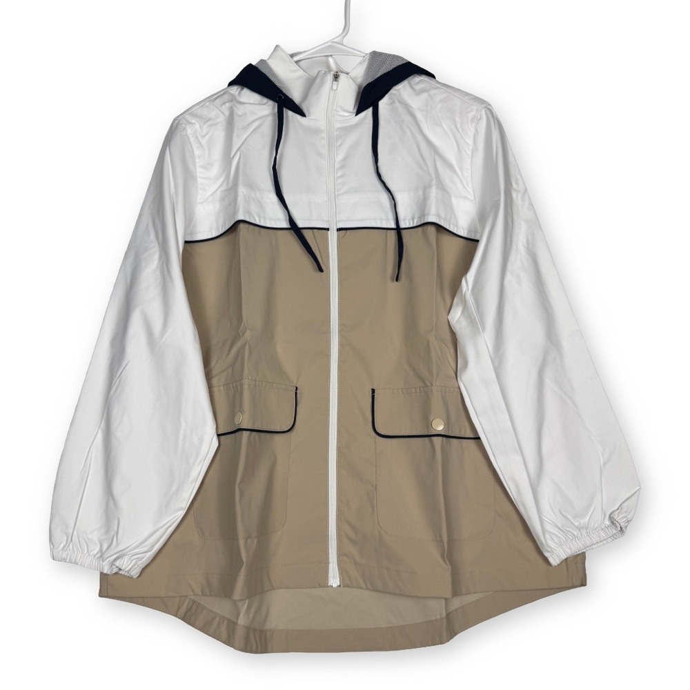 National Womens Colorblock Windbreaker Jacket Tan White Navy Hooded Zip Up 23941